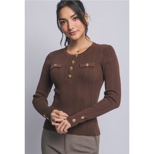 1145 • Brown Long Sleeve Viscose Blend Knit Top w/Gold Buttons